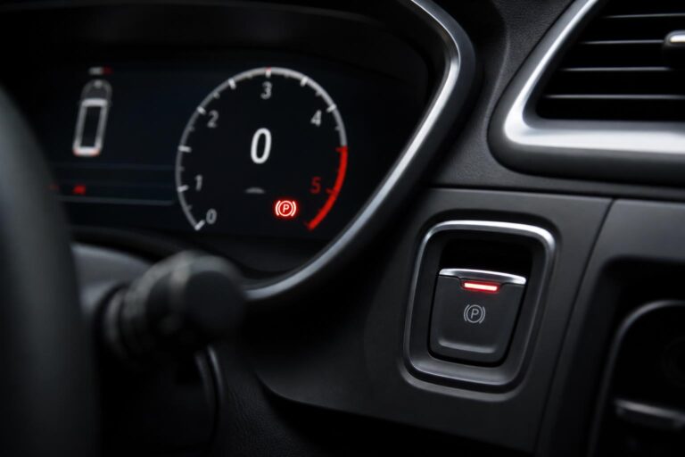 Autó műszerfala elektronikus parkolófék-hibajelzéssel és a középkonzolon látható elektromos kézifék kapcsolójával