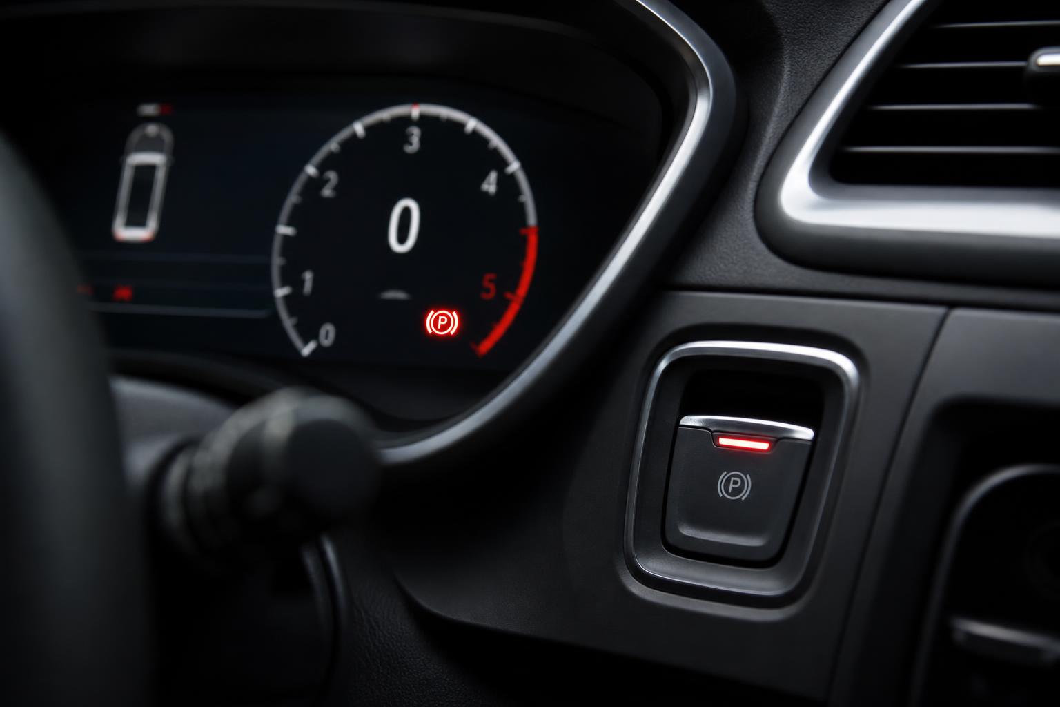 Autó műszerfala elektronikus parkolófék-hibajelzéssel és a középkonzolon látható elektromos kézifék kapcsolójával