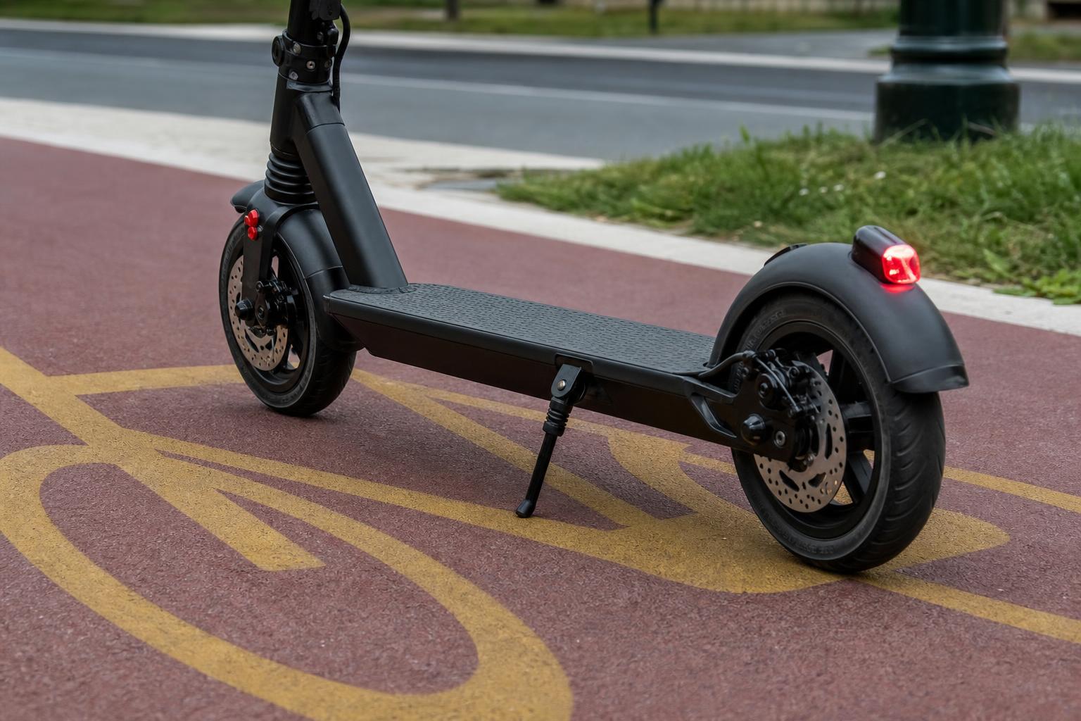 Elektromos roller kijelölt kerékpárúton, látható világítással és fékrendszerrel