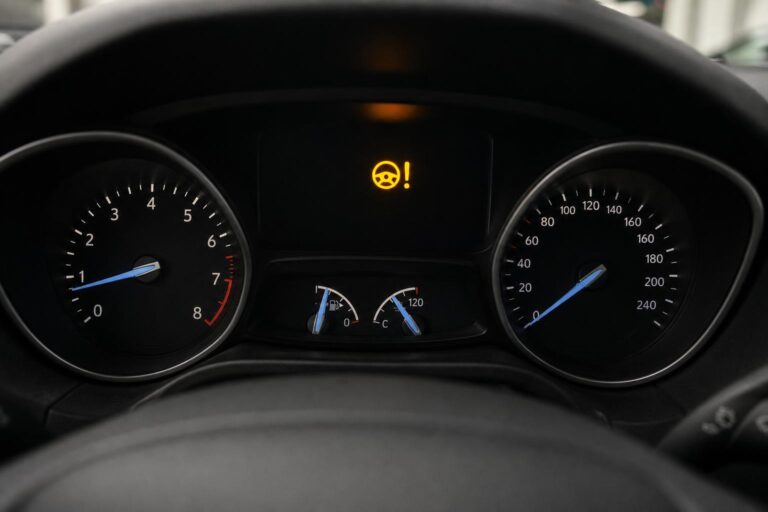 Autó műszerfala elektromos szervokormány-hibát jelző kormánykerék ikonnal