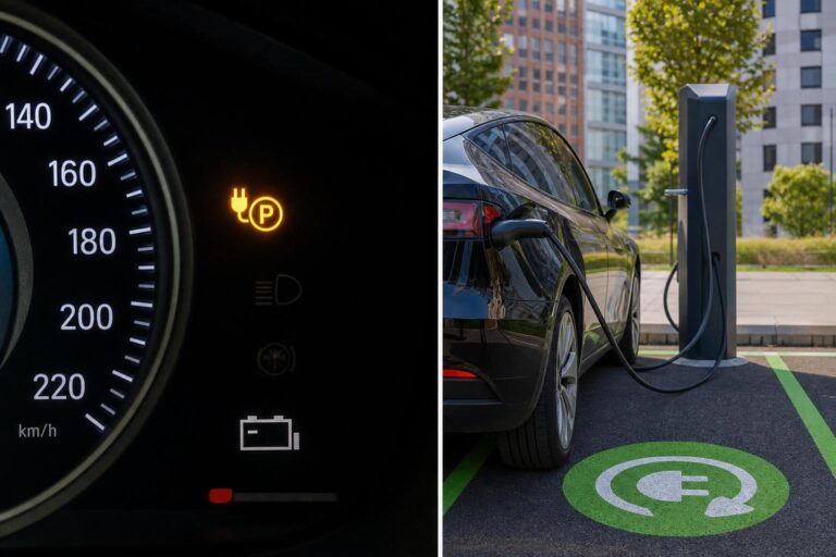 Elektromos autó szabályosan csatlakoztatva egy kijelölt töltőhelyen