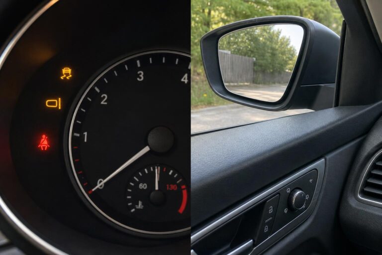Közeli fotó egy elektromosan állítható, elmozdult üveglapú oldalsó visszapillantó tükörről