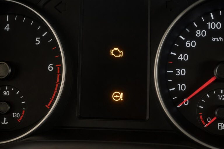 Autó műszerfala kigyulladt motorhiba- és elektronikus gázvezérlésre utaló gyári figyelmeztető ikonnal