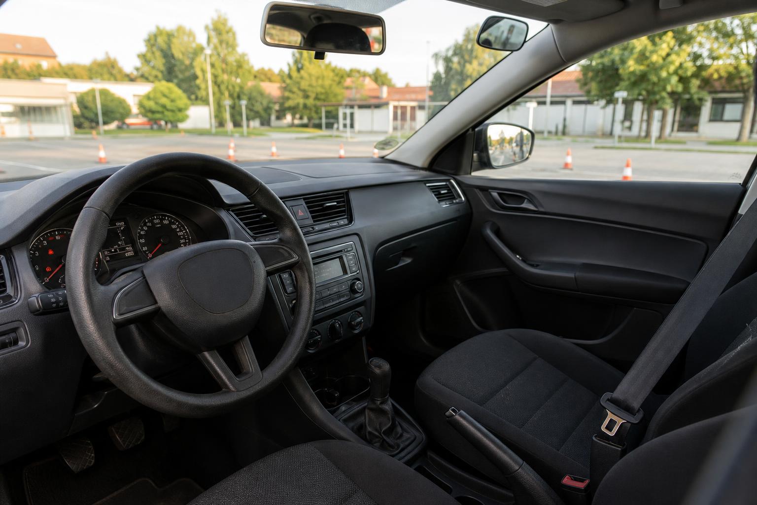 Vezetés előtt ellenőrzött autó műszerfala, tükrök, biztonsági öv és kezelőszervek