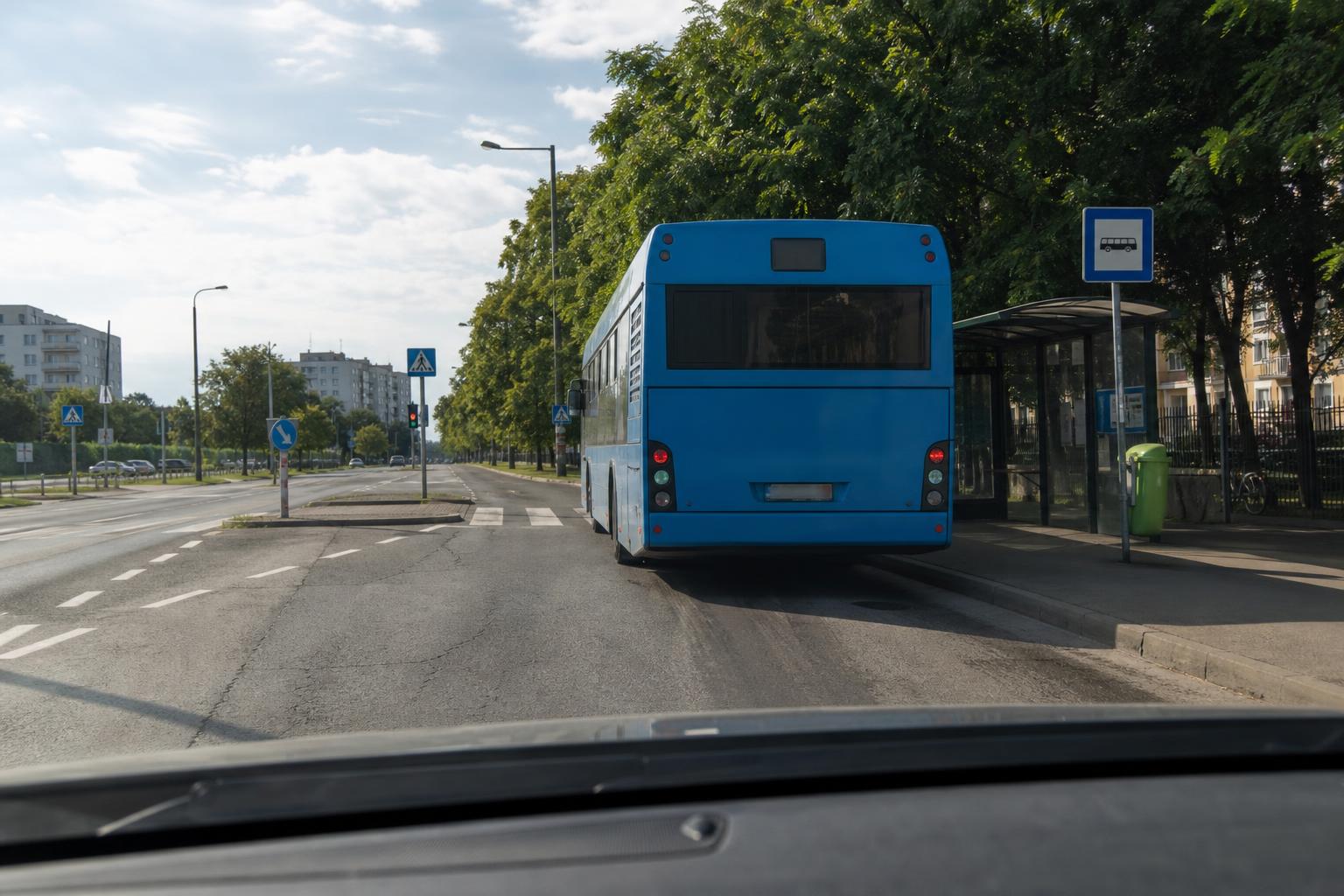 Városi buszmegállóban álló autóbusz, amely részben takarja a közeli gyalogosátkelőhelyet