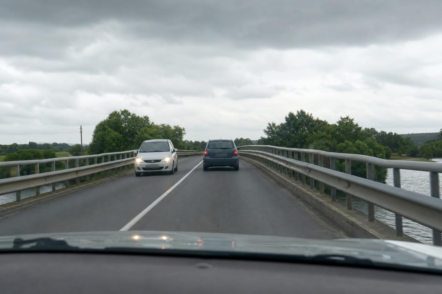Két sávos híd korláttal, szembejövő autóval és előzés szempontjából veszélyes úthelyzettel
