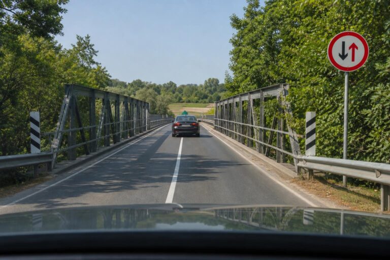 Autó egy jól belátható híd előtt, az úton záróvonal és közúti jelzések láthatók