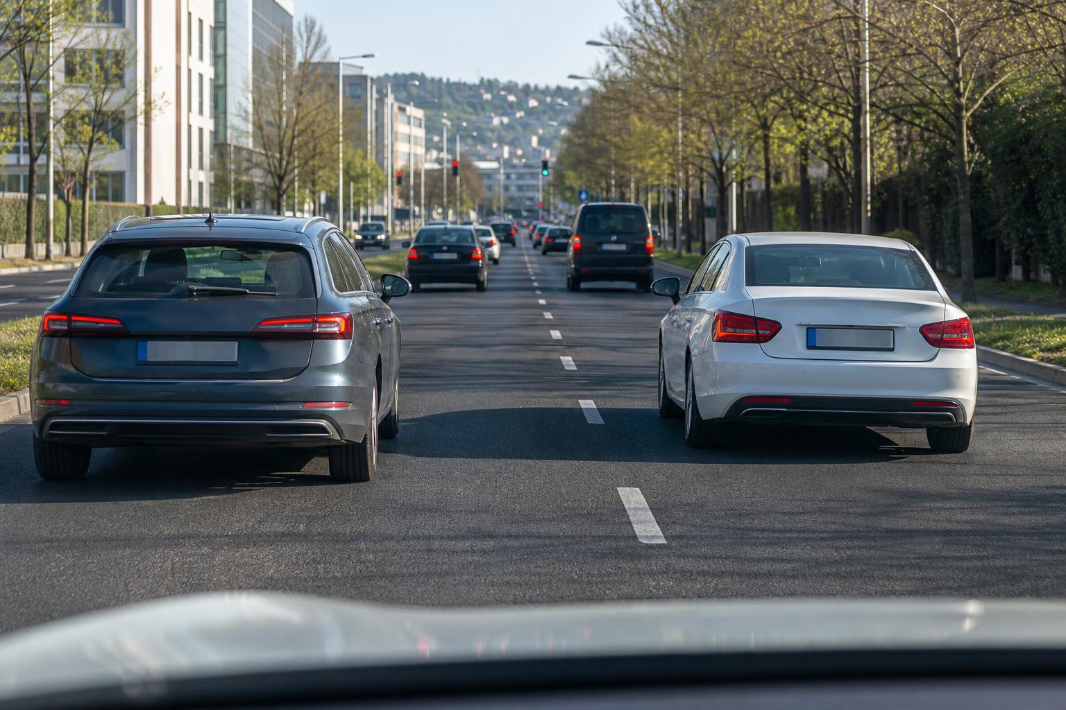 Többsávos városi úton a jobb oldali sávban haladó autó a bal oldalon lassabban közlekedő jármű mellett