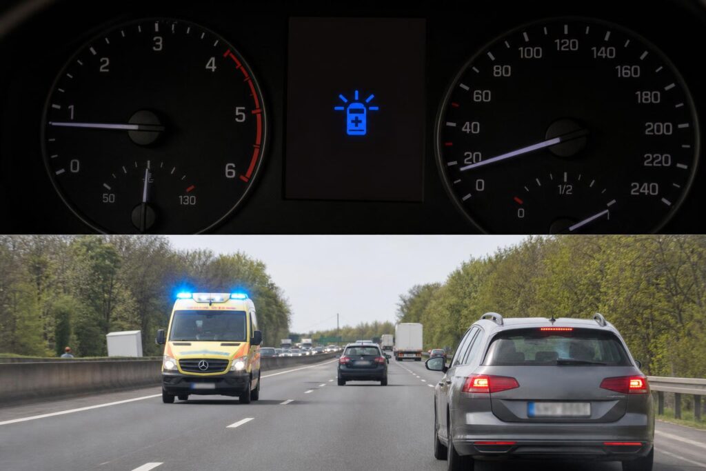 Mentőautó kék megkülönböztető jelzéssel érkezik, miközben egy autó biztonságosan félrehúzódik az úton