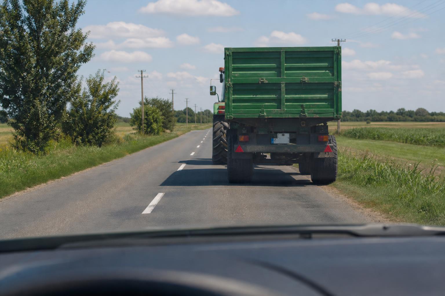 Személyautó halad egy széles mezőgazdasági traktor és pótkocsi mögött vidéki úton
