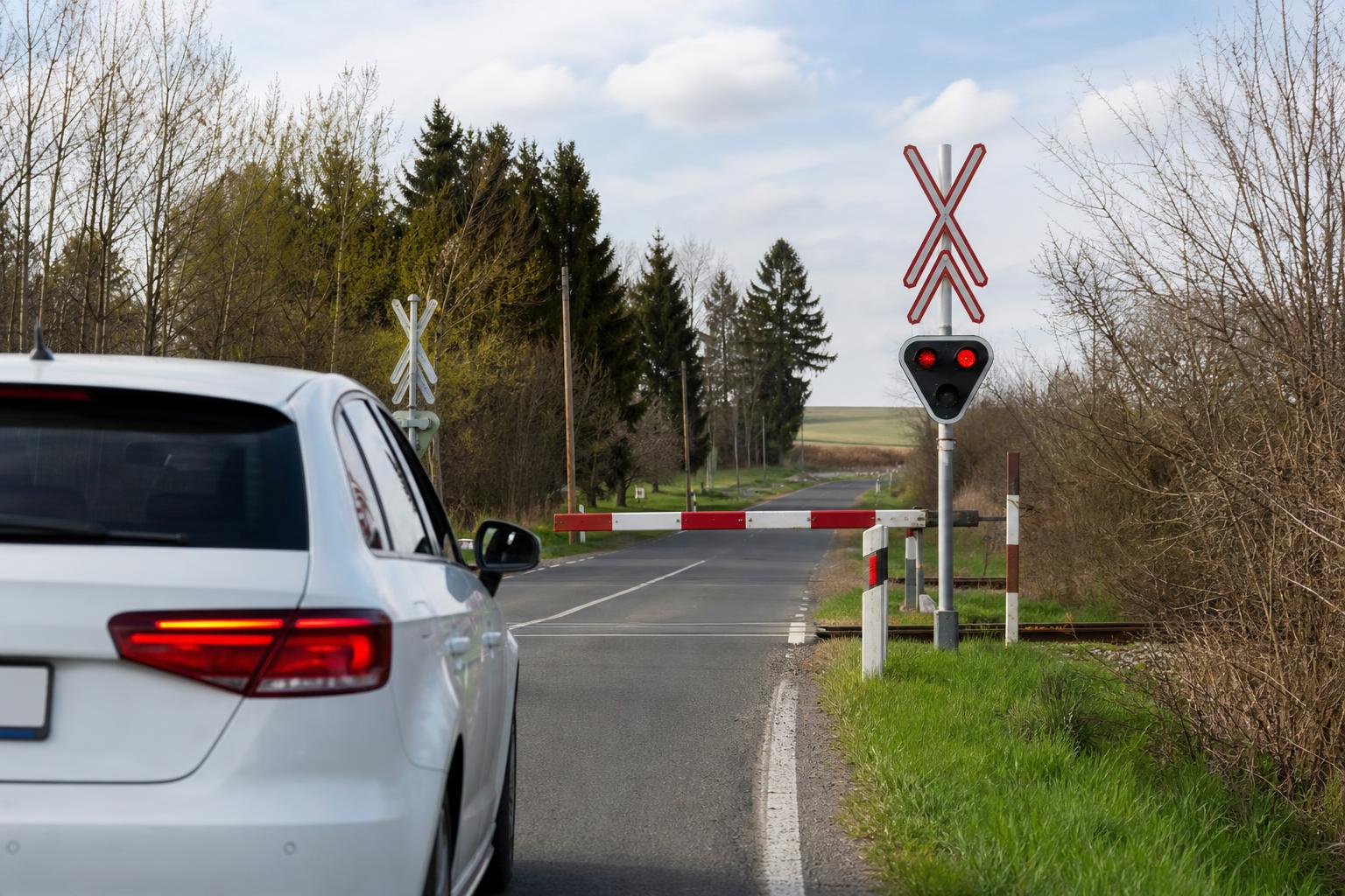 Autó közelít vasúti átjáróhoz leengedett sorompó és villogó fényjelzés mellett