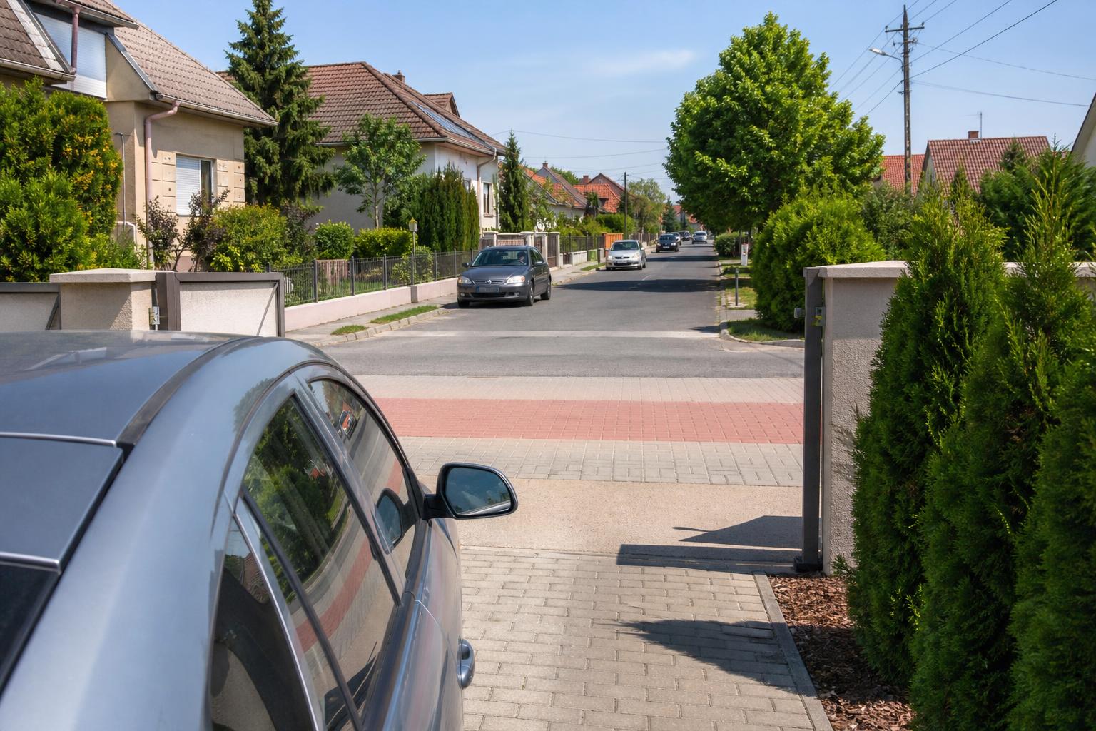 Autó áll meg a kapubejáróban a járda és az úttestre kihajtás előtt