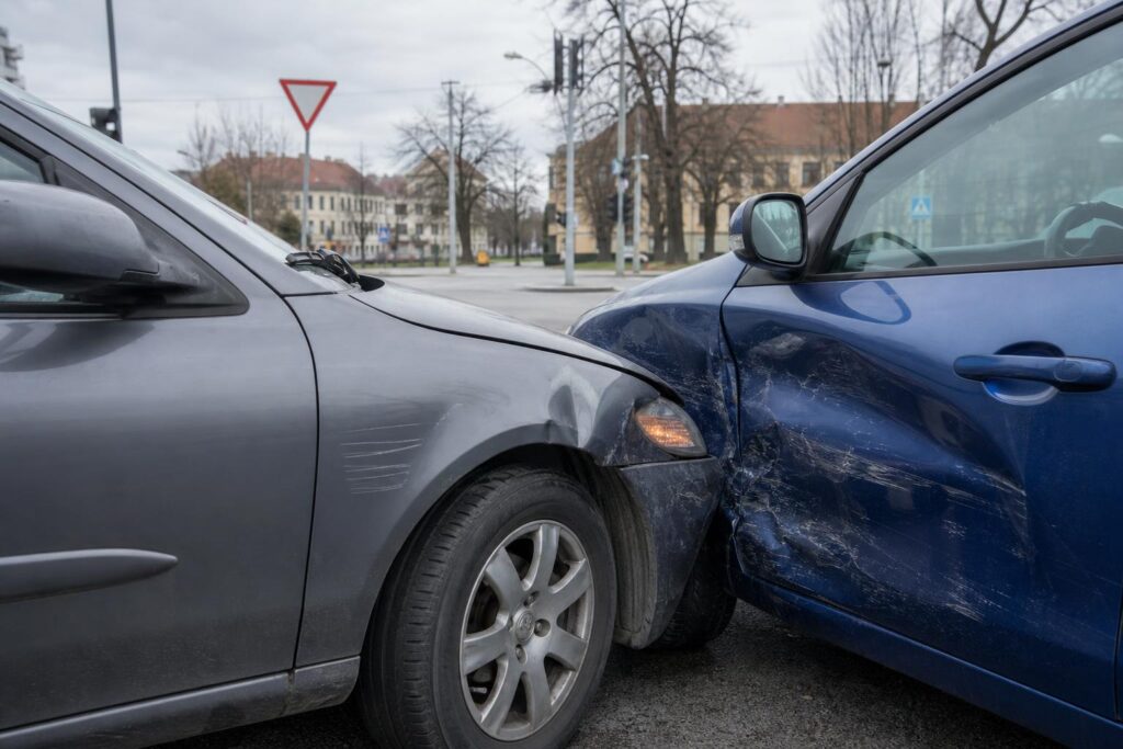 Koccanásban érintett két sérült személyautó egy kereszteződésben, elsőbbségadás elmulasztása után