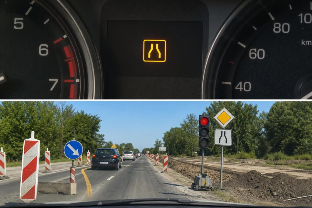 Ideiglenes terelésnél kihelyezett elsőbbségi táblák és mobil jelzőlámpa egy leszűkített útszakaszon