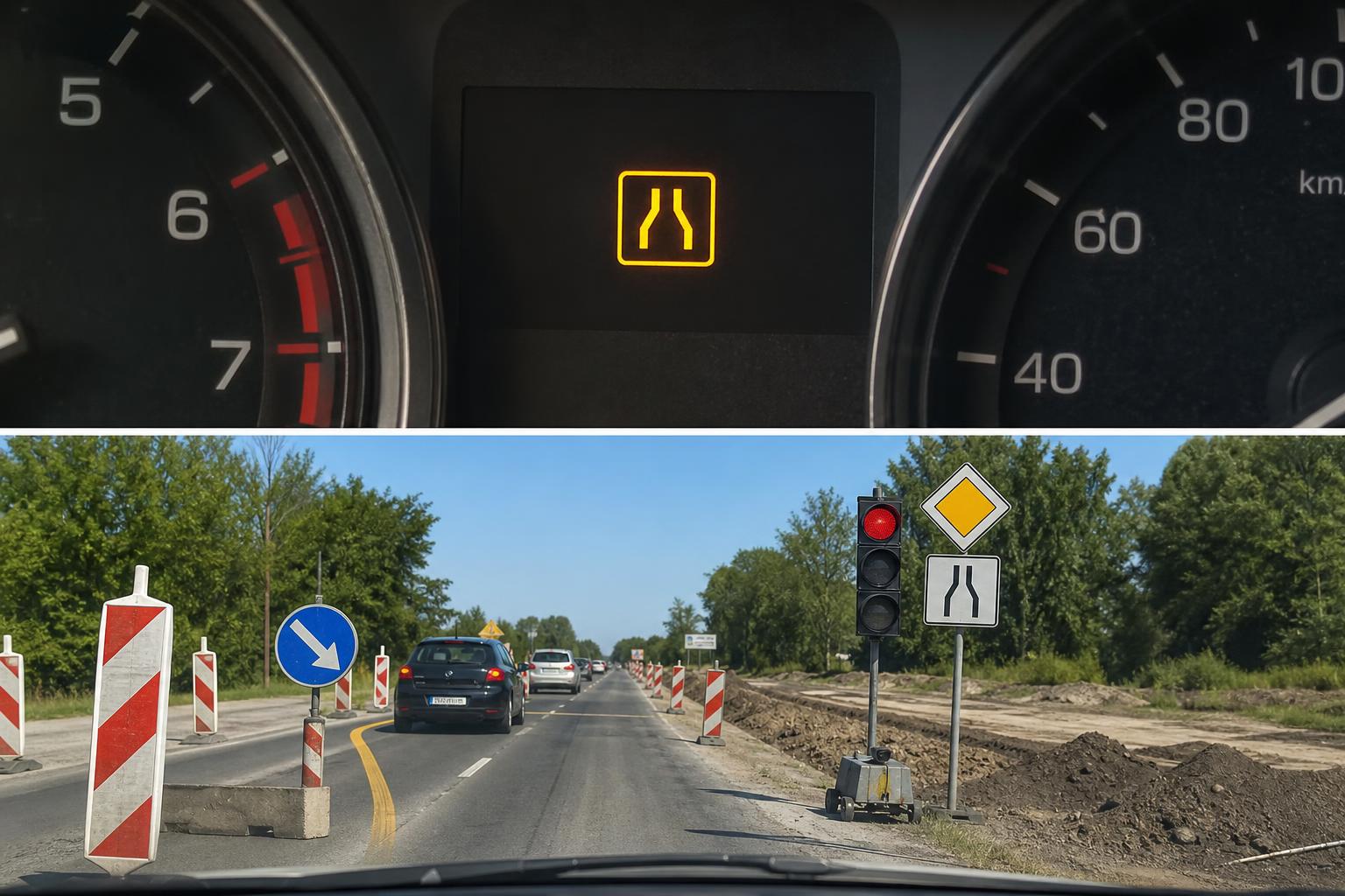 Ideiglenes terelésnél kihelyezett elsőbbségi táblák és mobil jelzőlámpa egy leszűkített útszakaszon