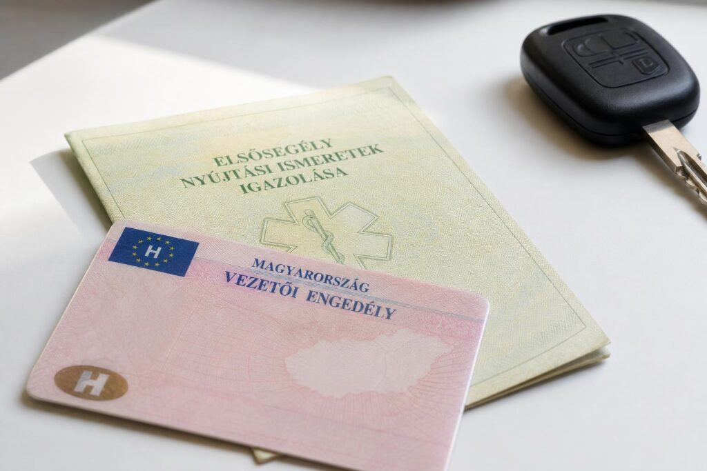 Magyar vezetői engedély és elsősegélynyújtási igazolás autókulcs mellett