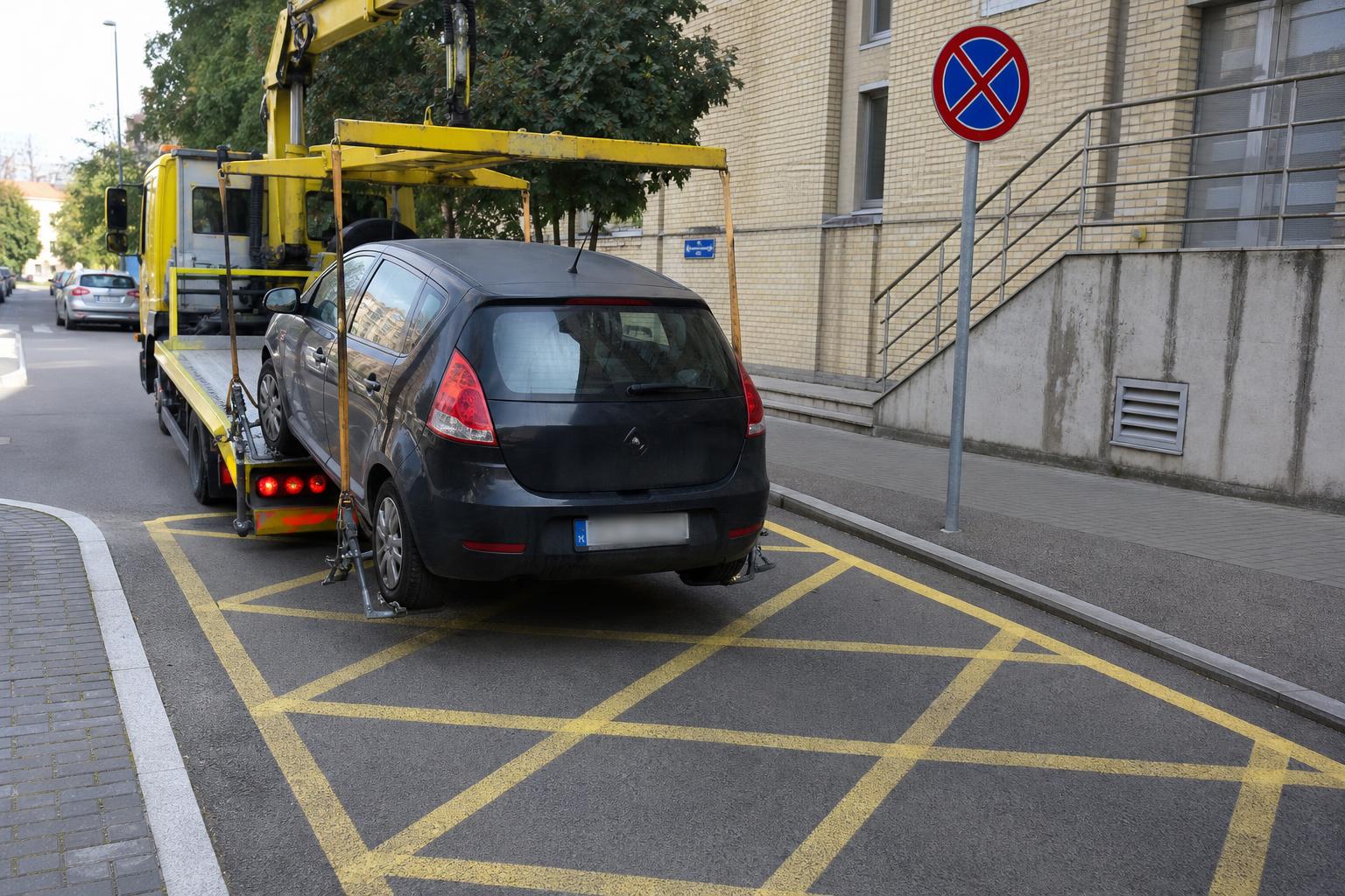 Szabálytalanul parkoló autó elszállítása vontatóval egy tiltott parkolóhelyről
