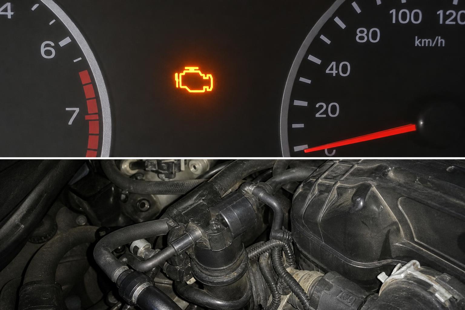 EVAP purge szelep és csatlakozó benzingőzcsövek egy autó motorterében