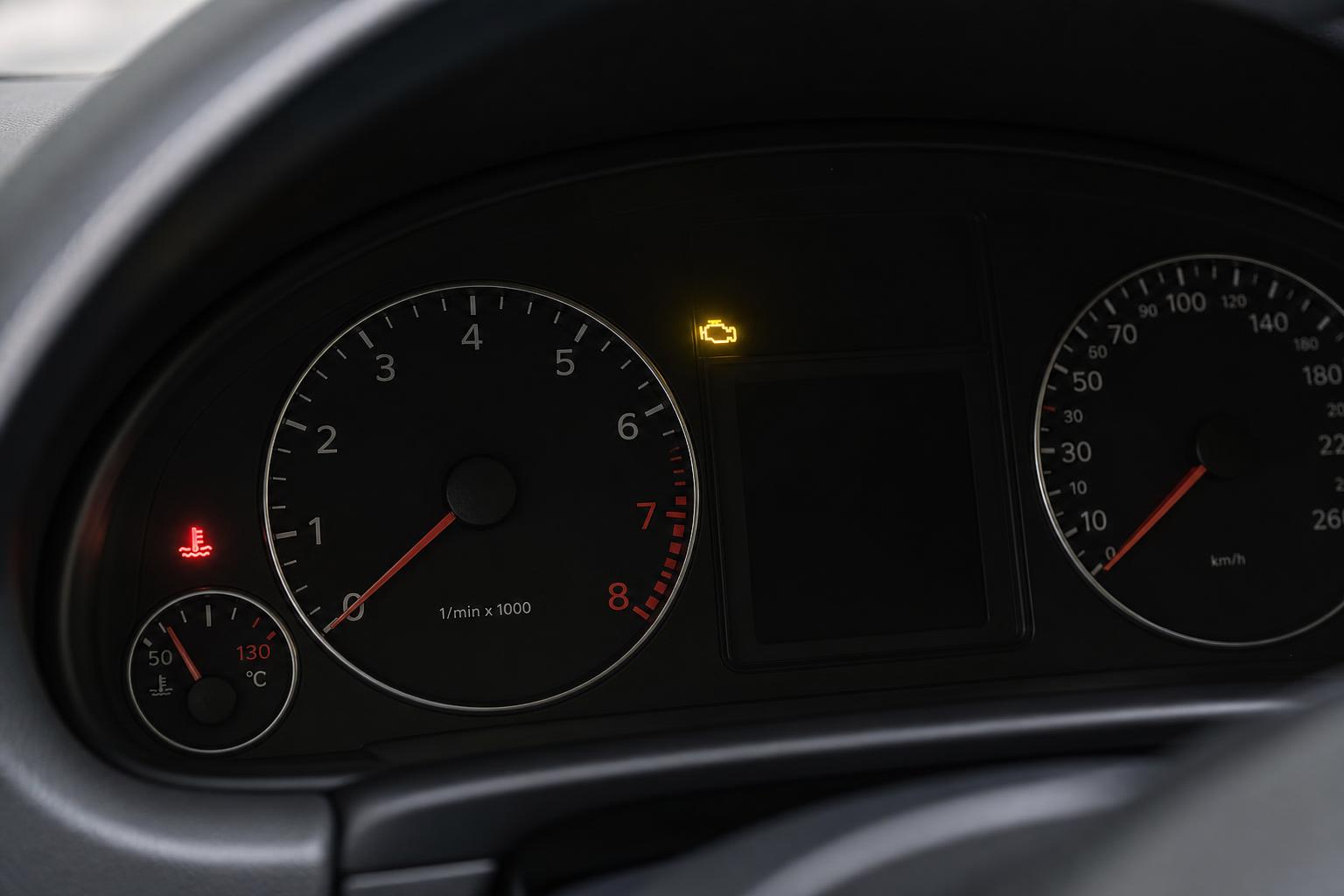Autó műszerfala motorhőmérséklet- és motorhiba-visszajelzővel