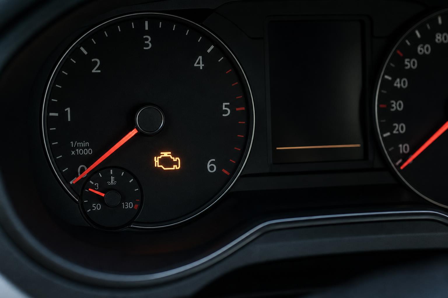 Autó műszerfala világító motorhiba-jelző ikonnal, fekete kipufogófüstre utaló motorprobléma esetén