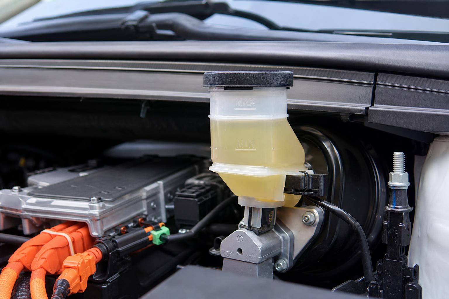 Elektromos autó motorterében látható fékfolyadék-tartály a folyadékszint jelöléseivel