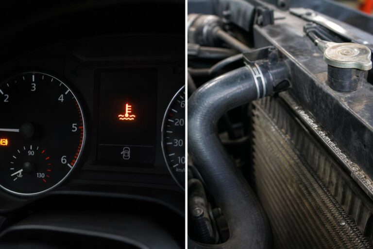 Forró felső hűtőcső és a hűtőrendszer részlete egy autó motorterében