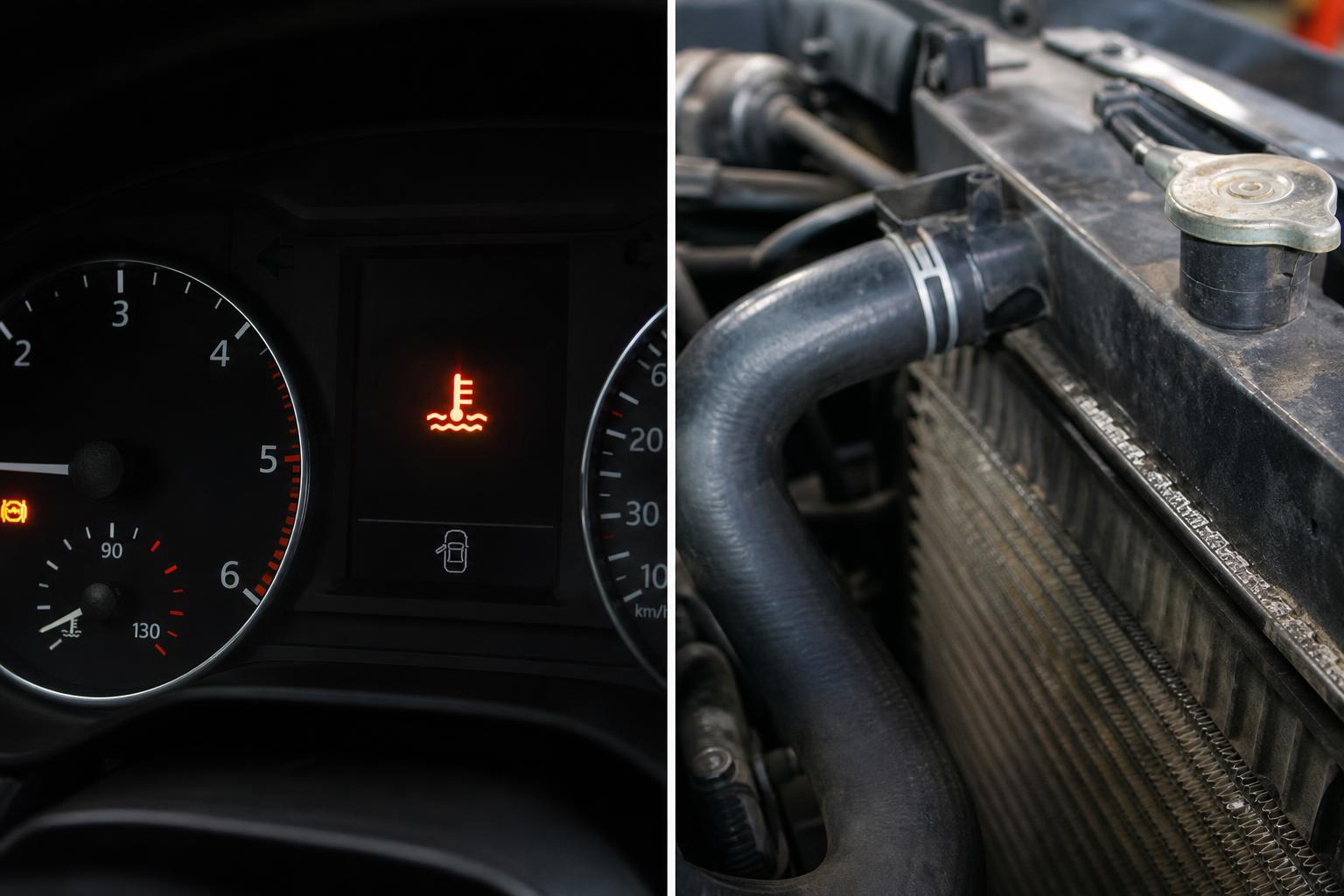 Forró felső hűtőcső és a hűtőrendszer részlete egy autó motorterében