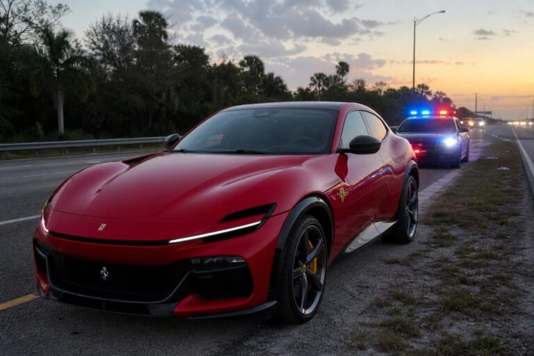 Ferrari Purosangue rendőri ellenőrzés alatt egy floridai autópályán