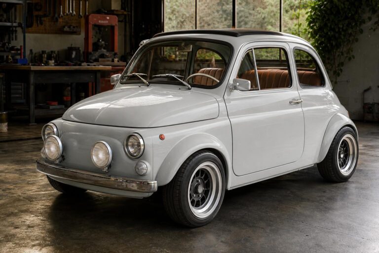 Fiat 500 Scattante restomod szélesített karosszériával és ralifényszórókkal