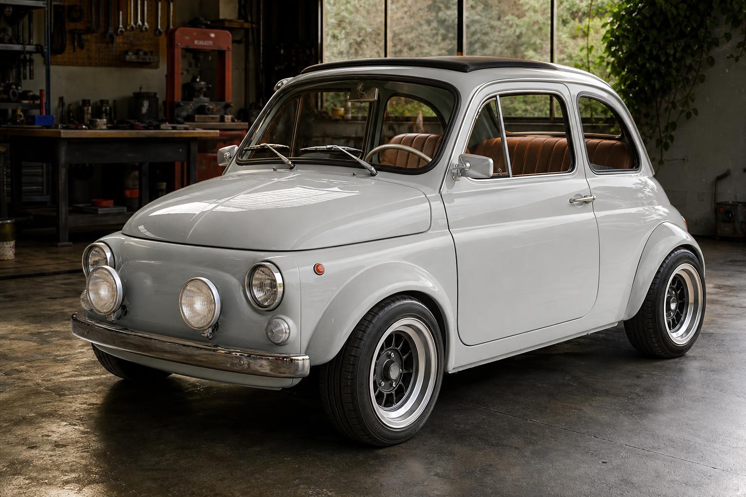 Fiat 500 Scattante restomod szélesített karosszériával és ralifényszórókkal