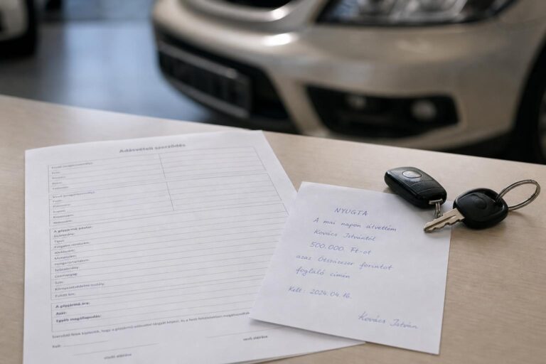 Használt autó adásvételi szerződése, foglaló átvételi elismervénye és autókulcs egy asztalon