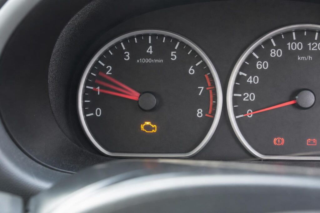 Közeli, élethű autóműszerfal ugráló fordulatszámmérő-mutatóval és világító motorhiba-jelzéssel