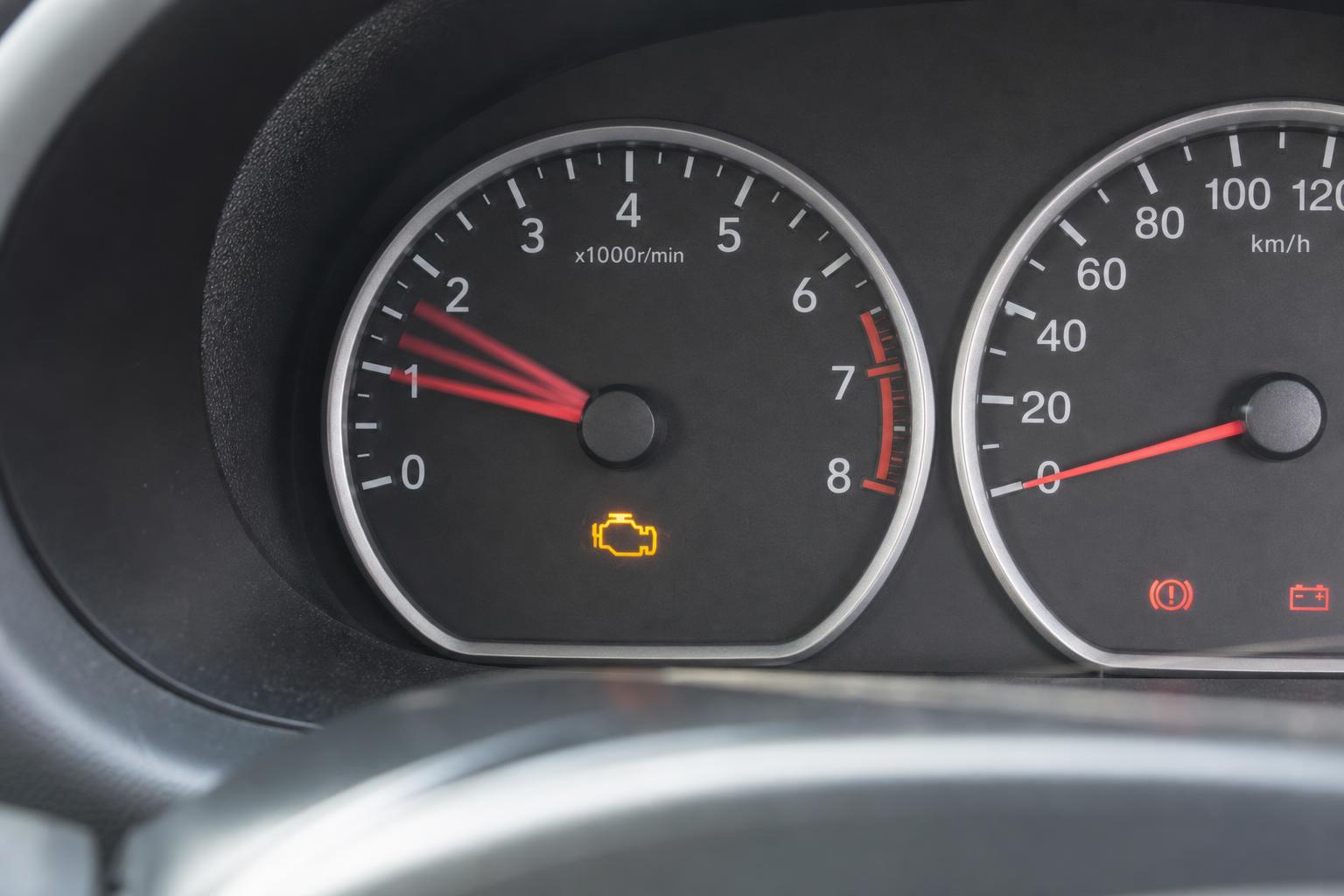 Közeli, élethű autóműszerfal ugráló fordulatszámmérő-mutatóval és világító motorhiba-jelzéssel