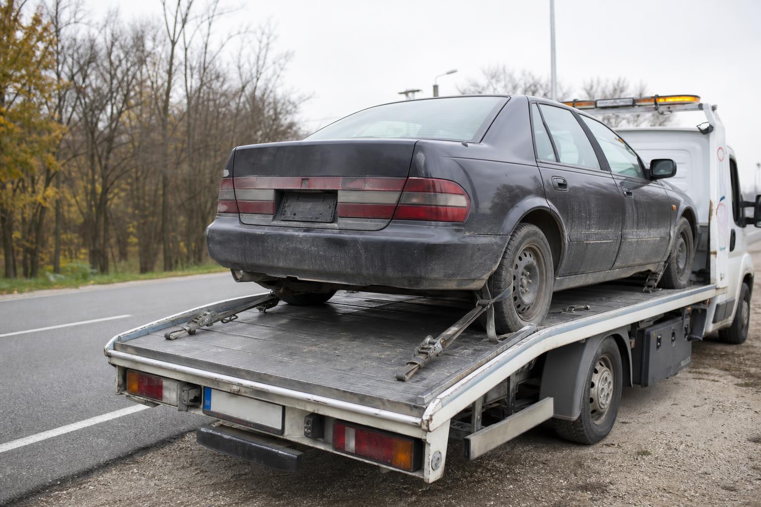 Forgalomból végleg kivont autó autómentő tréleren, közúti használat helyett biztonságosan szállítva