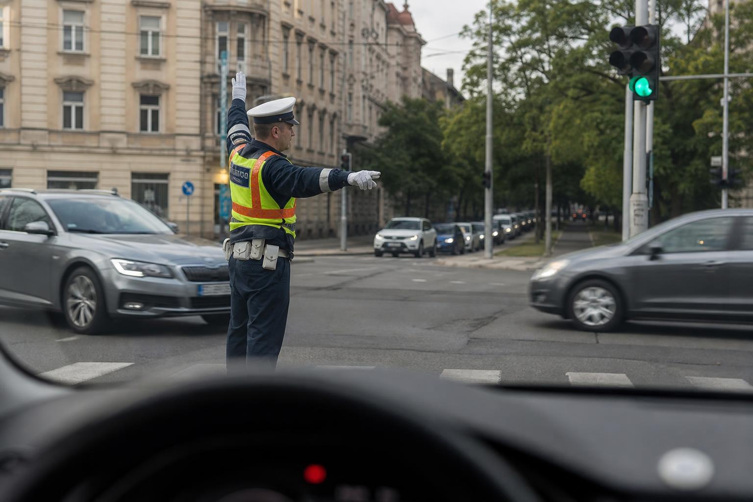 Forgalomirányító rendőr oldalról látható egy városi kereszteződésben, miközben a járművek biztonságosan haladnak