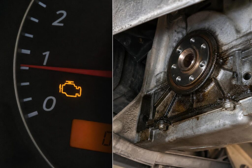 Olajszivárgás a motor főtengely szimeringjének környékén egy autó alsó részén