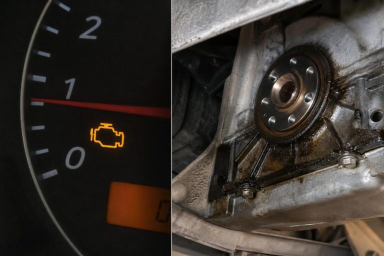 Olajszivárgás a motor főtengely szimeringjének környékén egy autó alsó részén