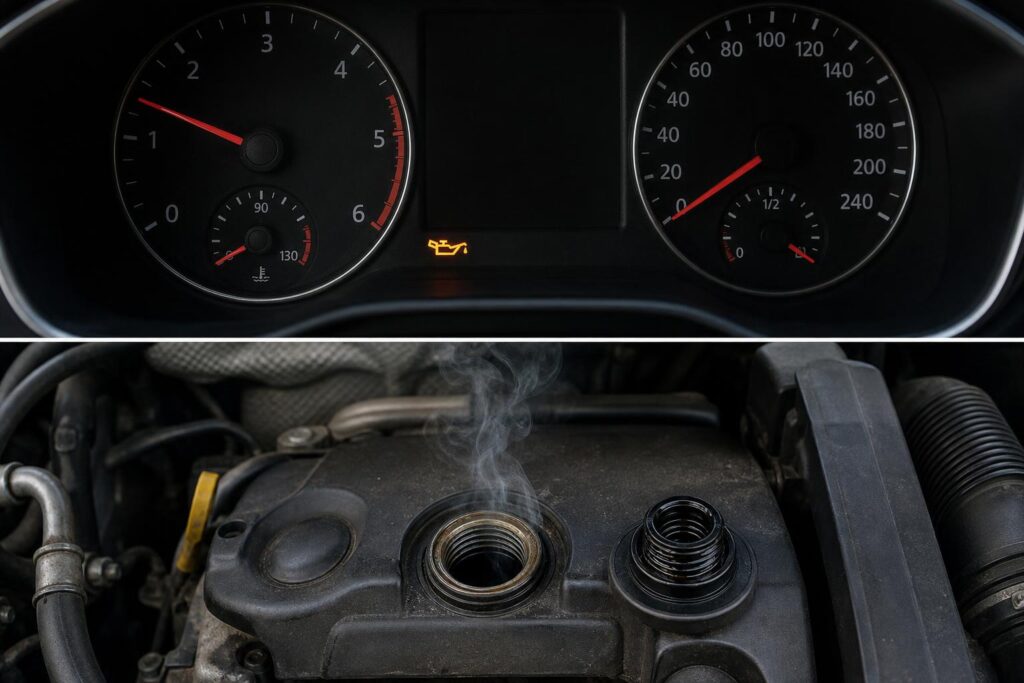 Enyhe pára távozik egy autómotor olajbetöltő nyílásánál