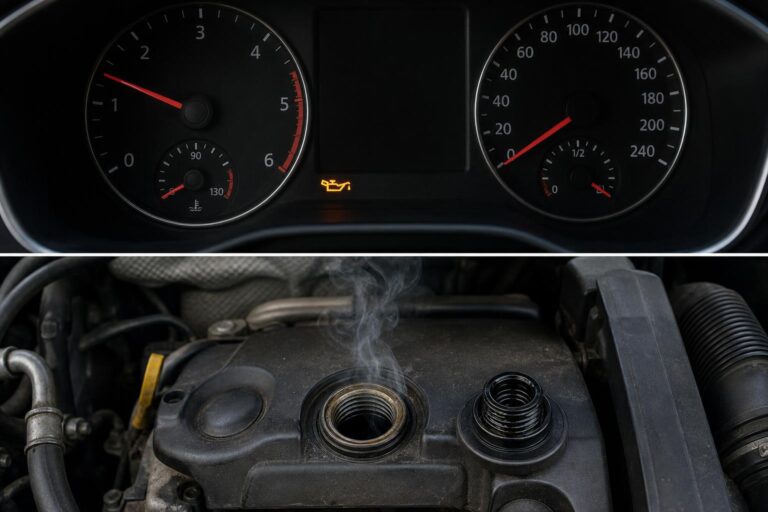 Enyhe pára távozik egy autómotor olajbetöltő nyílásánál