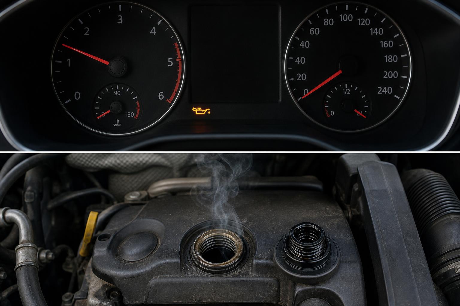 Enyhe pára távozik egy autómotor olajbetöltő nyílásánál