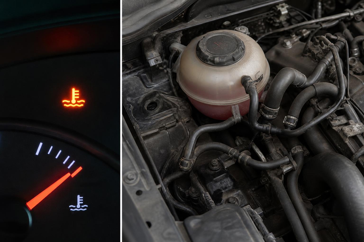 Autó motortere hűtőfolyadék-tartállyal és a fűtés hűtőrendszerének csöveivel