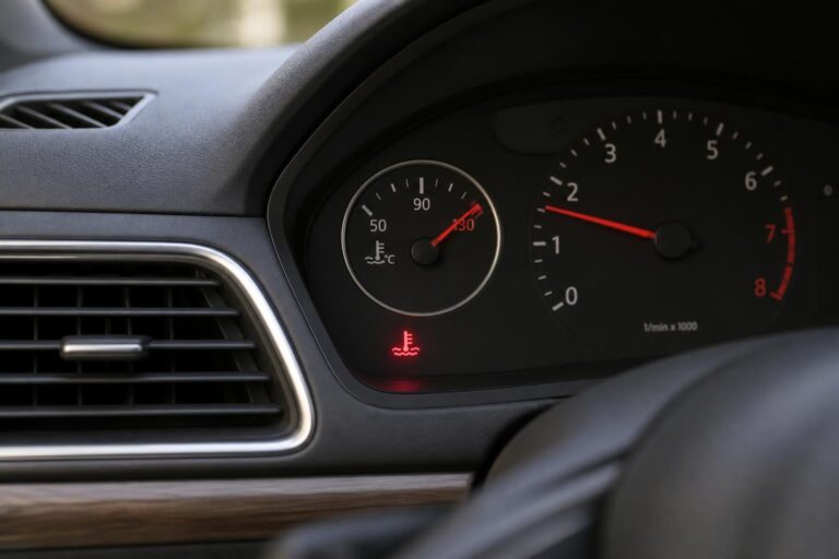 Autó műszerfala magas motorhőmérsékletet és hűtőrendszer-figyelmeztetést jelző műszerrel