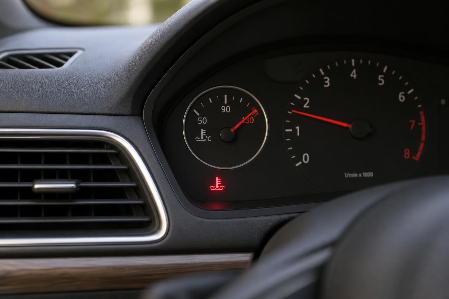 Autó műszerfala magas motorhőmérsékletet és hűtőrendszer-figyelmeztetést jelző műszerrel