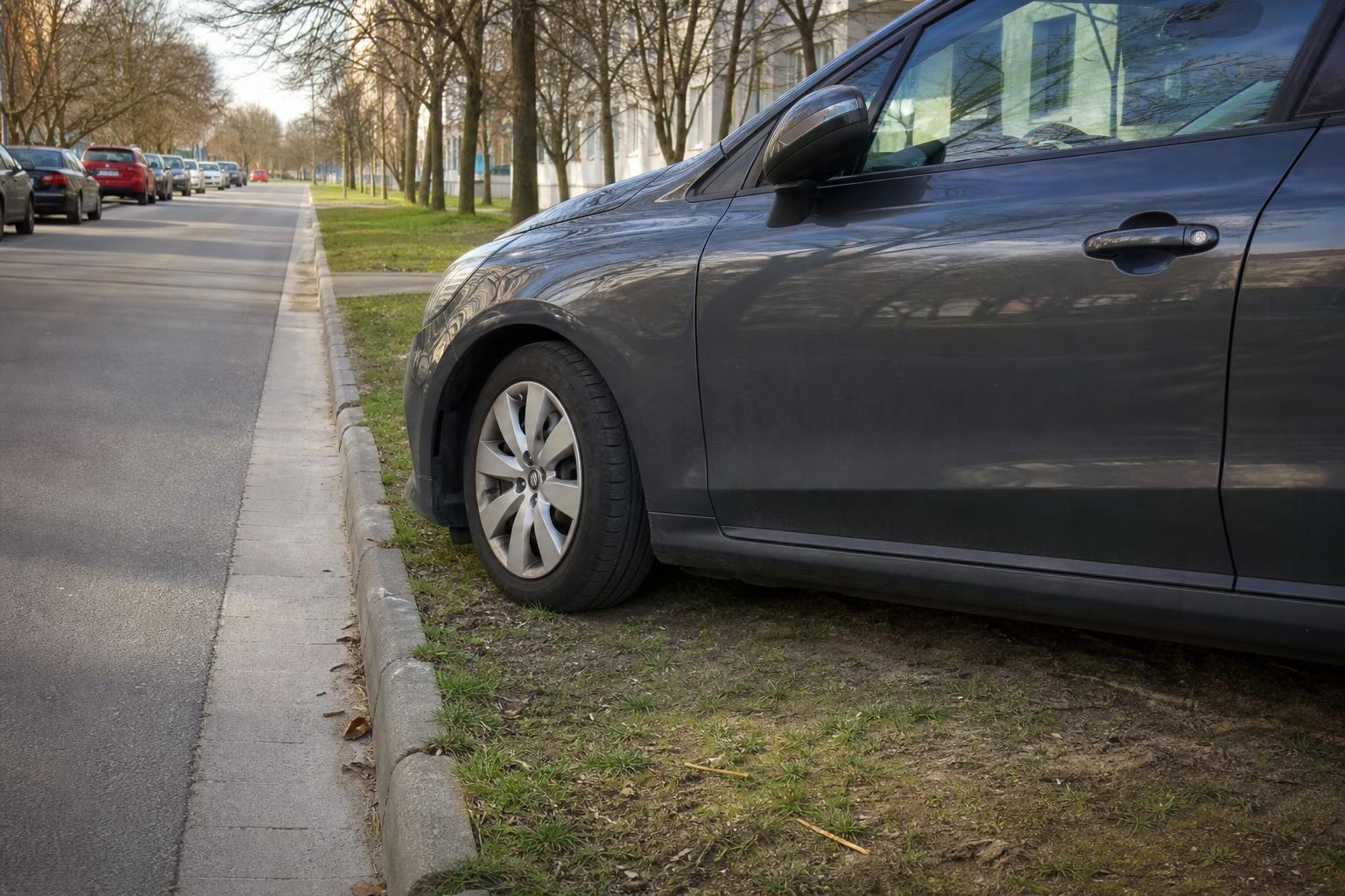Autó füves út menti zöldsávon egy burkolt utca mellett