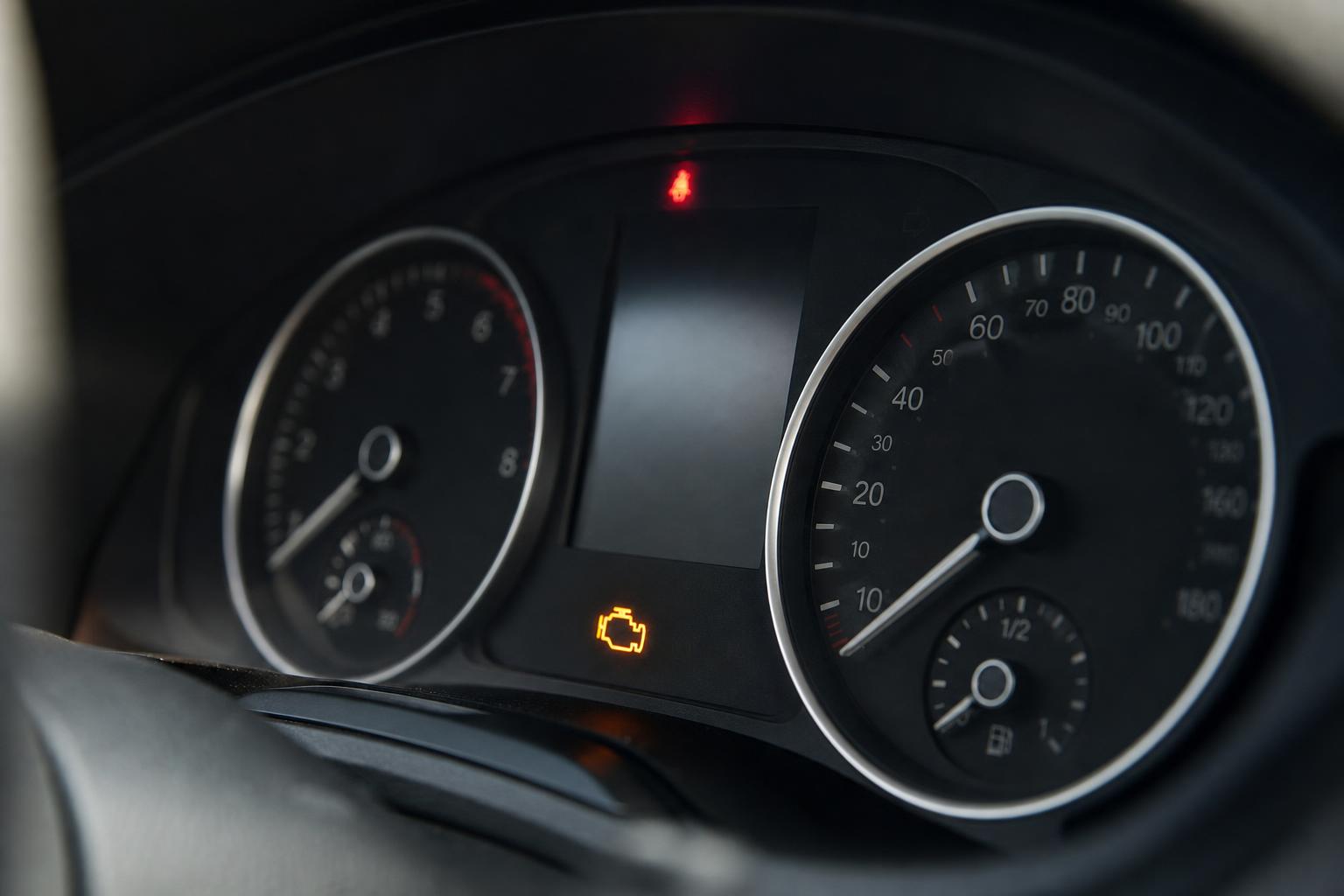 Autó műszerfala világító sárga motorhiba-visszajelző ikonnal gázpedál jeladó hiba esetén