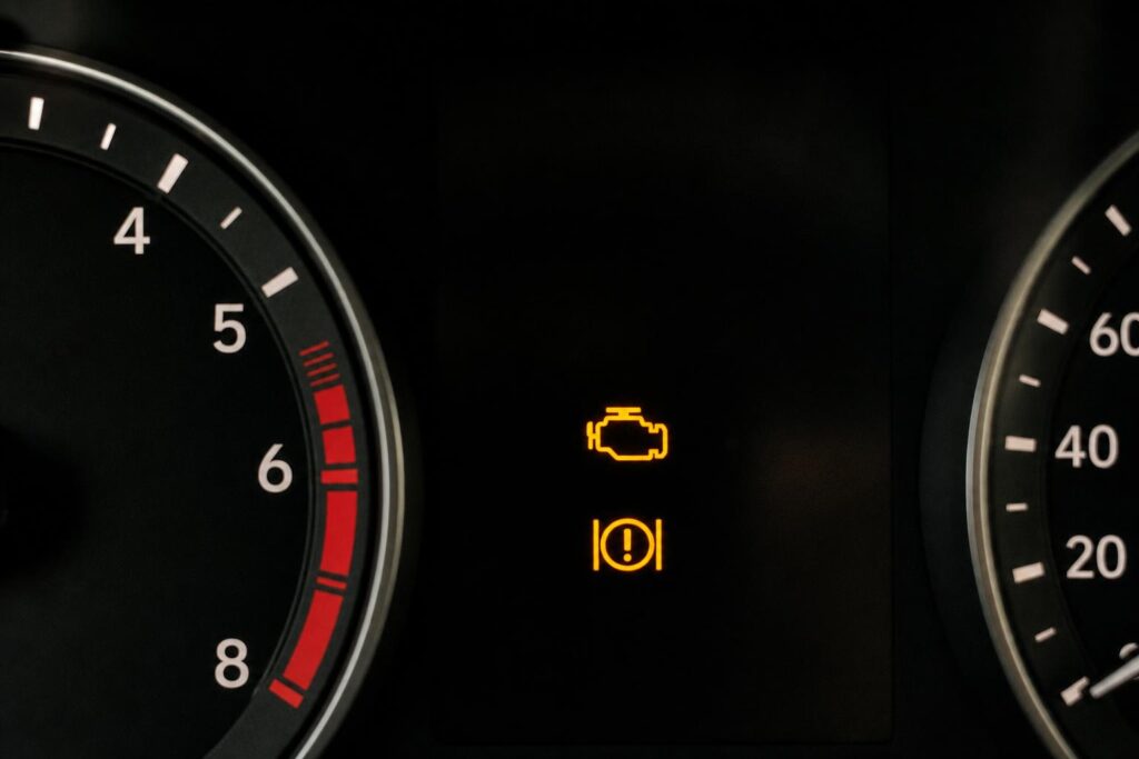 Autó műszerfala motorhiba- és elektronikus gázpedál-hibajelzéssel