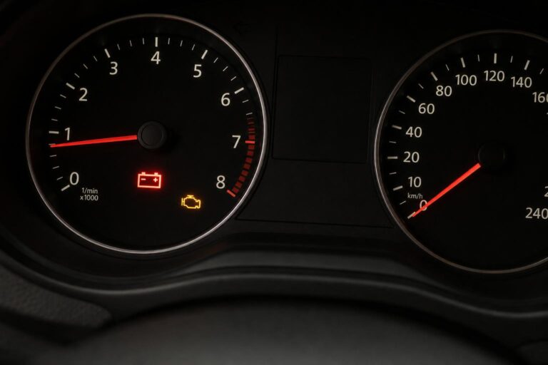 Autó műszerfala világító piros akkumulátor- és töltésjelző ikonnal, elektromos töltési hibára utaló halvány műszerfal-világítással