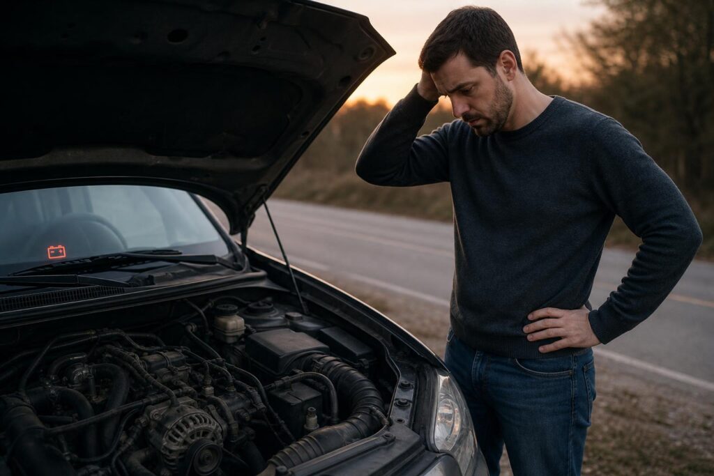 Autó nyitott motorháztetővel, generátor- vagy töltőrendszer hibájára utaló helyzetben az út szélén