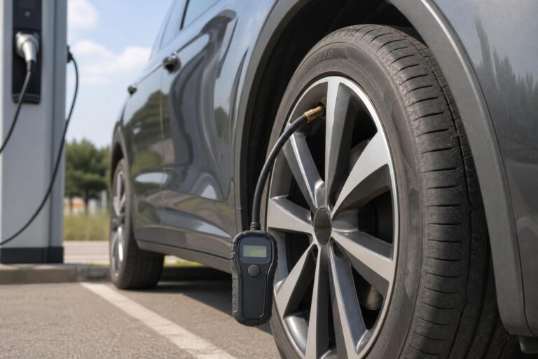 Elektromos autó abroncsának guminyomás-ellenőrzése digitális nyomásmérővel