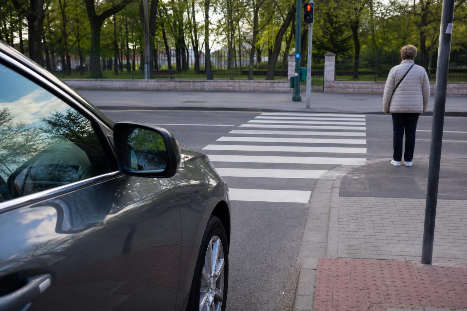 Autó lassít a zebránál, miközben egy gyalogos az út szélén várakozik
